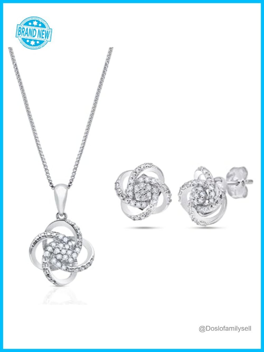 Natural Diamond Love Knot Stud Earrings Pendant Necklace 925 Sterling Silver